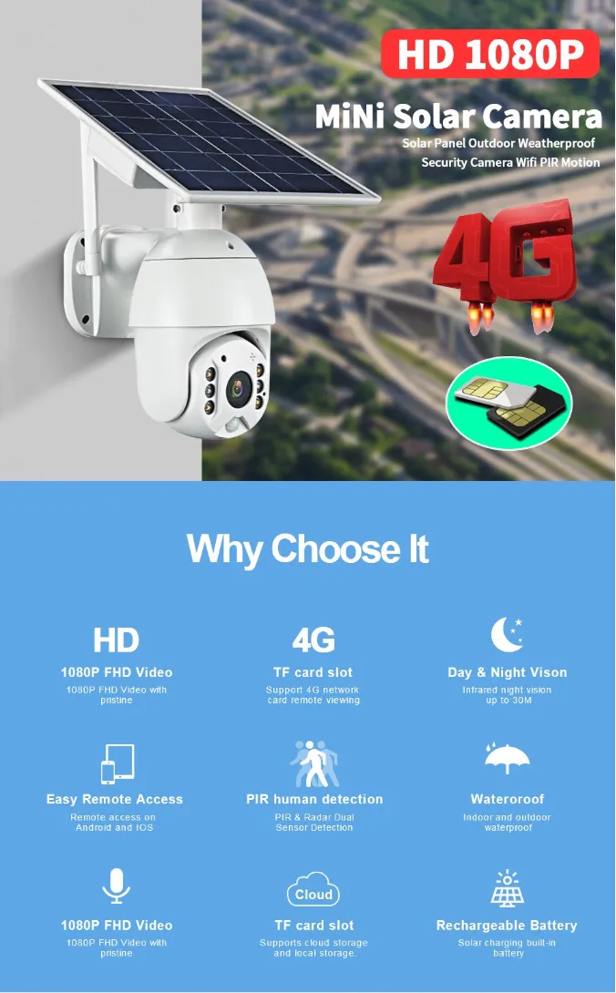 1080P 2MP PIR Solar 4G/Wireless Outdoor Waterproof PTZ CCTV Security IP Camera