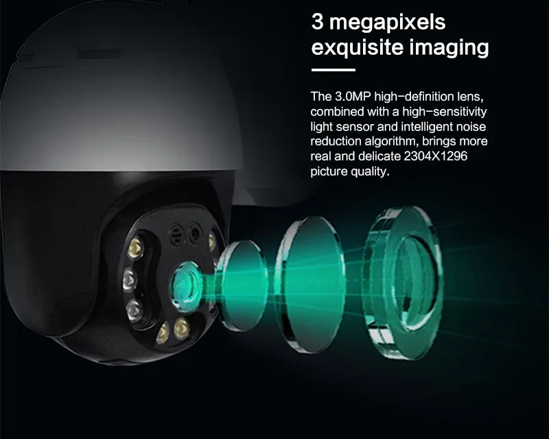 2.5inch 3MP HD Wireless WiFi IP PTZ Dome Camera Carecam APP Outdoor WiFi Camera for Home Security Support NVR Two Way Audio TF Card and Cloud Storage Recording