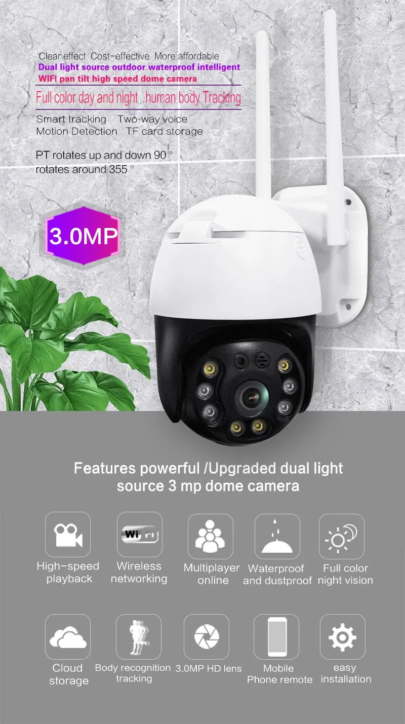 2.5inch 3MP HD Wireless WiFi IP PTZ Dome Camera Carecam APP Outdoor WiFi Camera for Home Security Support NVR Two Way Audio TF Card and Cloud Storage Recording