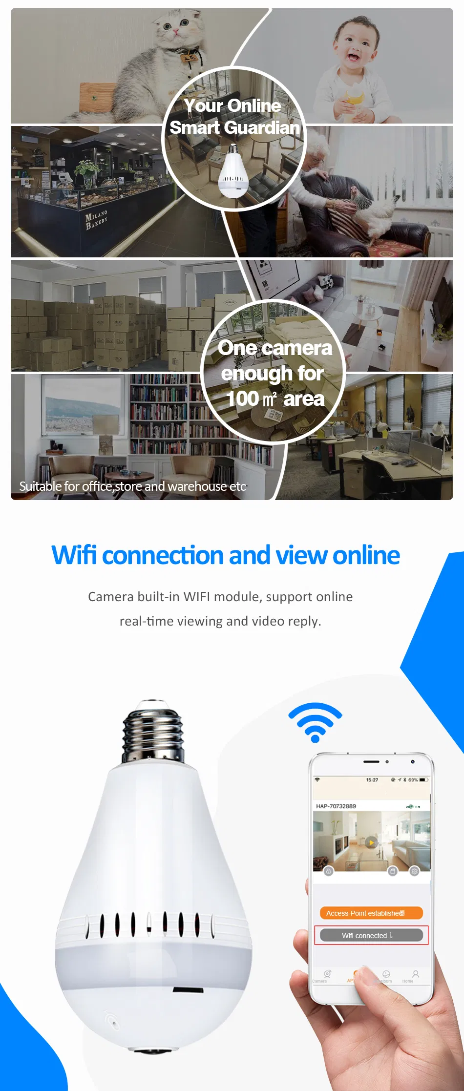 360 Panoramic Full HD 2.4GHz Home Smart 960p Wireless WiFi Camera with 16g SD Card