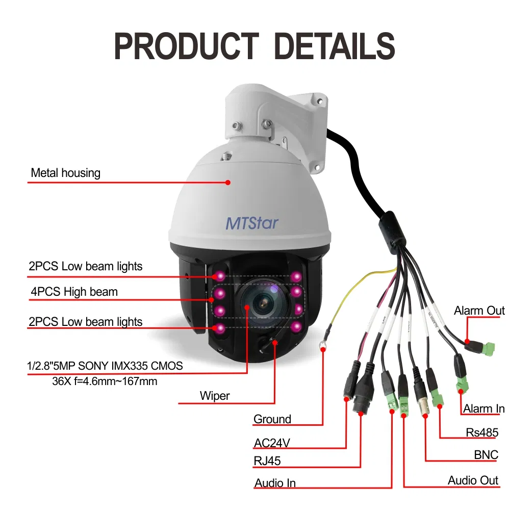 4.6mm~167mm 36X Optical Zoom PTZ 5MP Poe IP Camera P2p Hi3516A Sony Imx335 Water Wiper IR 150m Waterproof Security Camera