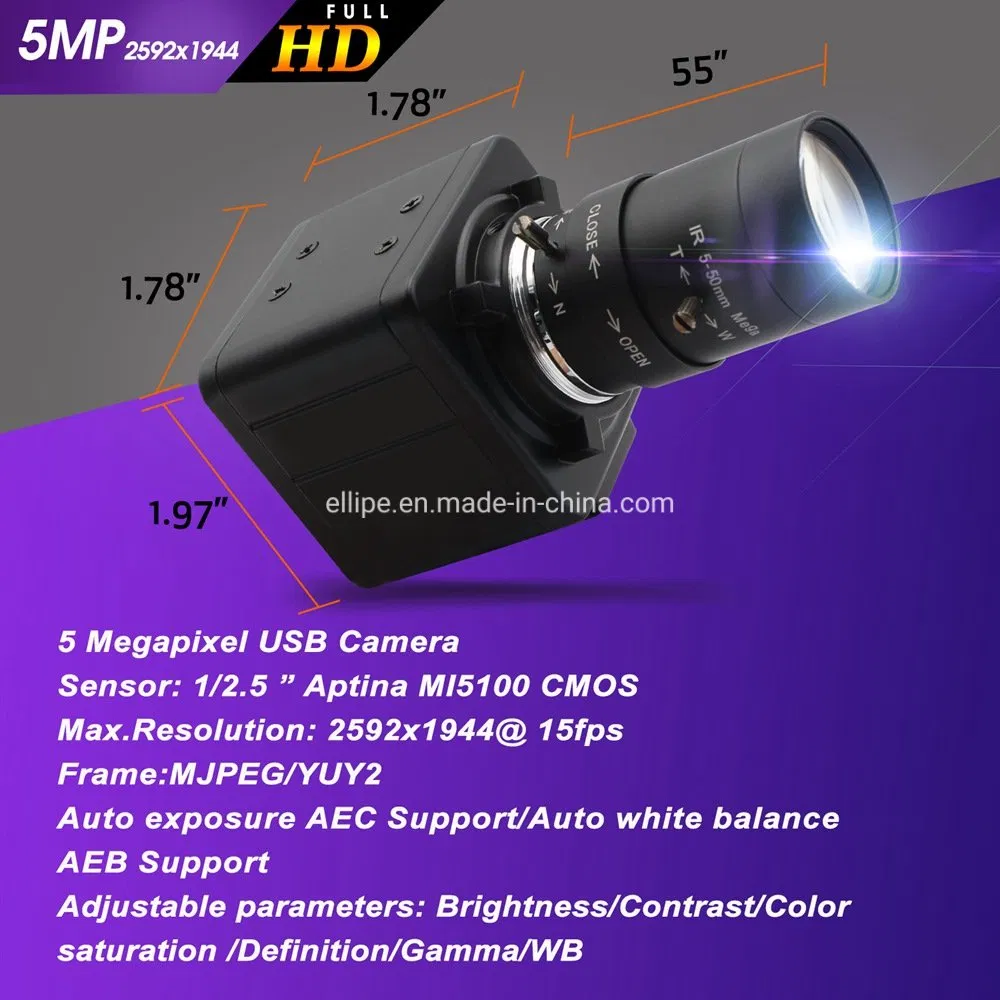 Elp 5MP 2592 X 1944 Aptina Mi5100 Webcam HD Mjpeg 5-50mm Varifocal Lens Optical Zoom USB Camera