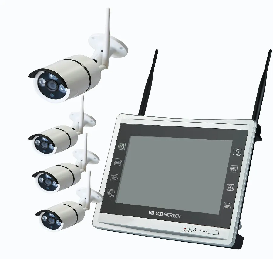 HD 4CH WiFi CCTV Surveillance System Kit with 4PCS Waterproof IR IP Camera All-in-One NVR Built in 11 Inches Display 720p 1080P 3.0MP Optional