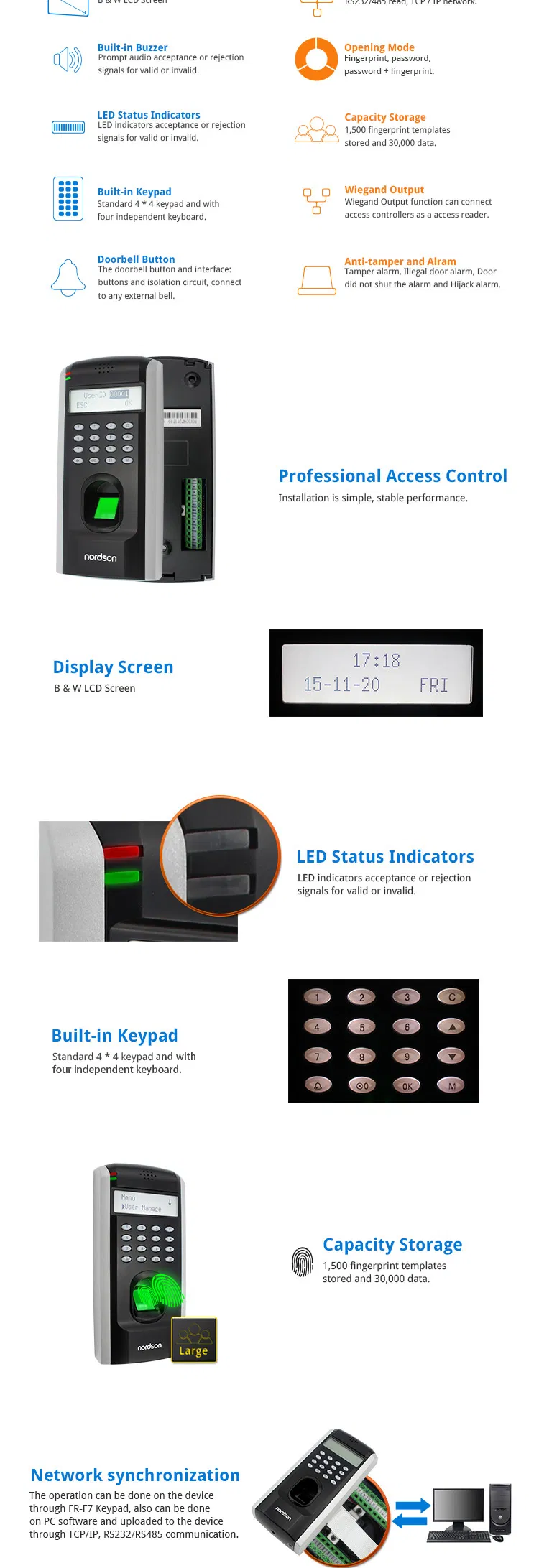 Network Touch Screen Wiegand Signal Biometric Biometric Elevator Access Control