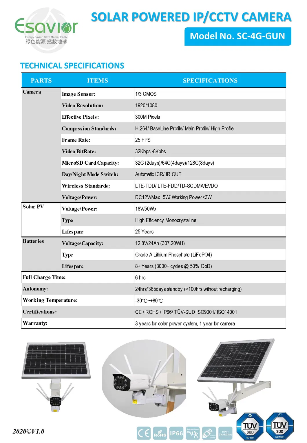 Waterproof 3MP HD Outdoor Security Solar Powered 4G IP/ CCTV Camera